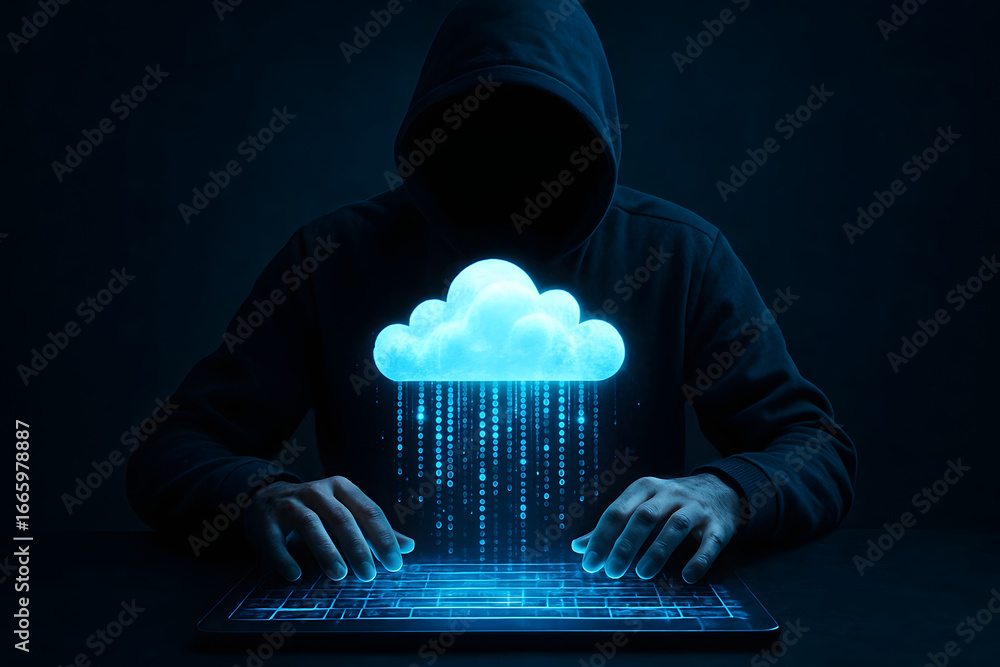 Aufkleber hacker typing on keyboard with cloud data stream cybercrime