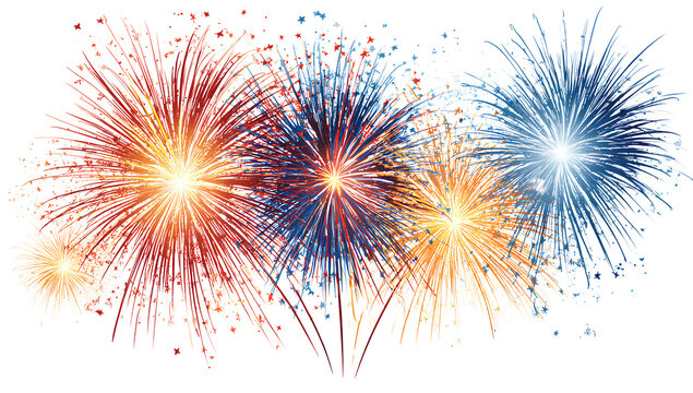  fireworks, in red, blue, and yellow colors, a simple vector graphic on a white background, with a transparent png background