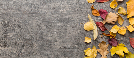 Autumn composition. Pattern made of dried leaves and other design accessories on table. Flat lay, top view