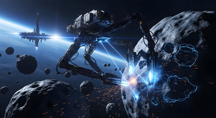 Asteroid Mining Ventures autonomous walker miner on a rocky plain