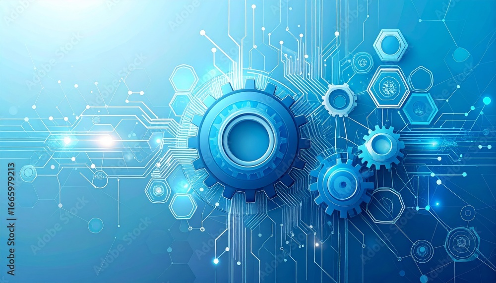 Aufkleber blue vector backdrop featuring abstract digital hi-tech gears and lines for a futuristic internet te