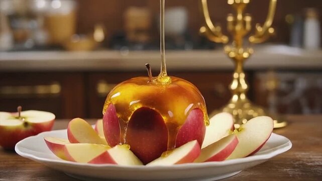 Golden Honey dripping from the top of the frame on a Red apple in a plate with apple slices, Rosh Hashanah concept