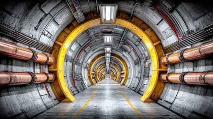 A long, futuristic tunnel design with yellow arches and copper pipes.