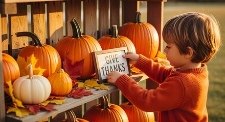 Adorable Child Places 'Give Thanks' Sign Among Pumpkins and Autu