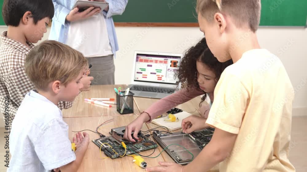 Aufkleber cute energetic children working on electronic board while teacher using tablet analyze data. group o