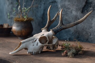 Fototapeta premium Realistic elk skull displayed artistically on wooden surface surrounded by natural elements and rustic decor in a serene indoor setting