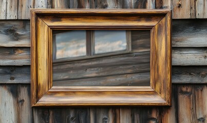large empty wooden picture frame in landscape orientation, displayed on a rustic cabin wall, highlighting the natural beauty of the wood and surroundings, Generative AI