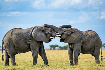 Fototapeta premium Elephants Facing Each Other with Intertwined Trunks in Wild Savanna