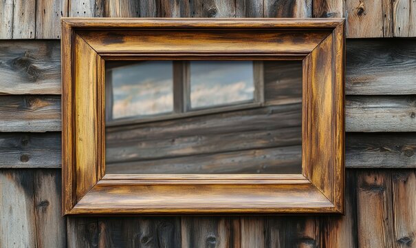 large empty wooden picture frame in landscape orientation, displayed on a rustic cabin wall, highlighting the natural beauty of the wood and surroundings, Generative AI - Powered by Adobe