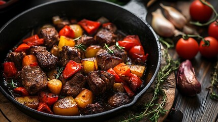 Beef and vegetable in cast iron skillet on rural table