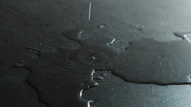 A leaking roof and water pouring onto the floor creating a large puddle.
A puddle on the floor and drops of water flowing down.
Splashes of water hitting the puddle.
Puddle, water, streak, leak