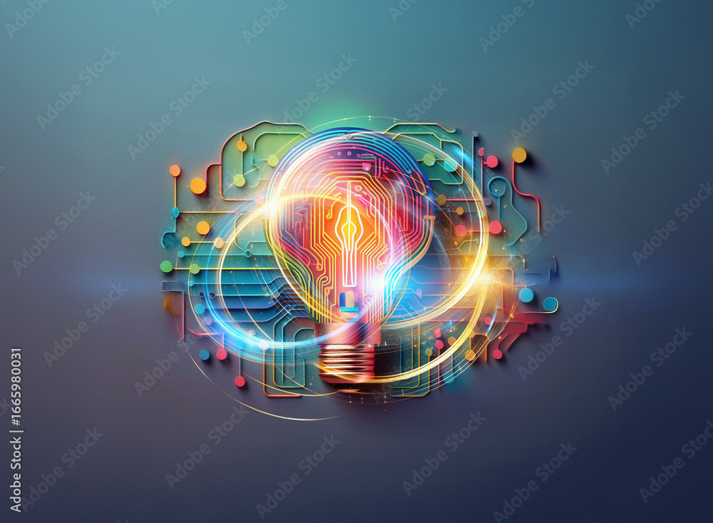 Poster abstract sci-fi double exposure image of a lightbulb with circuit board background. intricate design