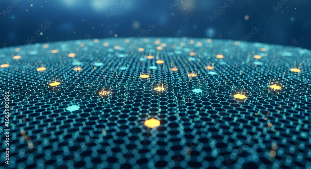 Poster abstract network grid with glowing points on a dark background. technology, data, and connection con