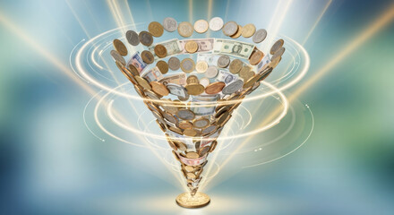 Funnel of money and coins converging into a single golden coin. Financial flow and investment concept. Currency exchange background.