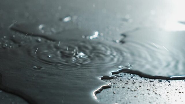 A leaking roof and water pouring onto the floor creating a large puddle.
A puddle on the floor and drops of water flowing down.
Splashes of water hitting the puddle.
Puddle, water, streak, leak