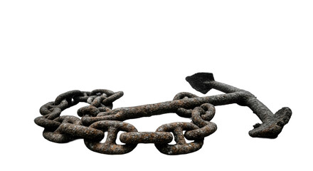 Obraz premium Corroded iron anchor chain coiled on a desolate deep ocean floor with skeletal petrified coral, ghostly fish drifting, high-contrast monochrome photography, concept of forgotten time and decay