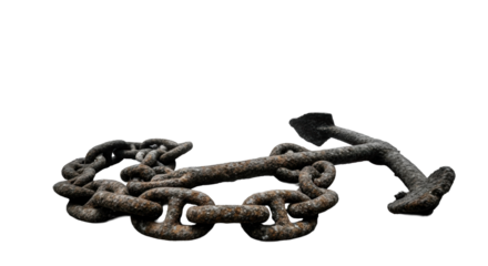 Corroded iron anchor chain coiled on a desolate deep ocean floor with skeletal petrified coral, ghostly fish drifting, high-contrast monochrome photography, concept of forgotten time and decay