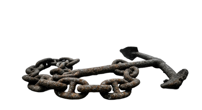 Corroded iron anchor chain coiled on a desolate deep ocean floor with skeletal petrified coral, ghostly fish drifting, high-contrast monochrome photography, concept of forgotten time and decay