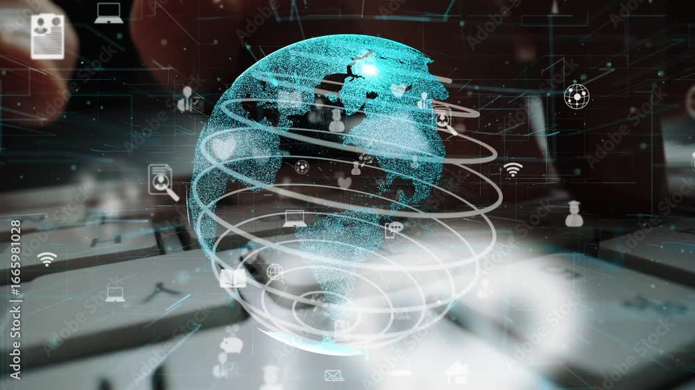 Poster digital representation of earth with glowing data connections and various icons, showcasing the them