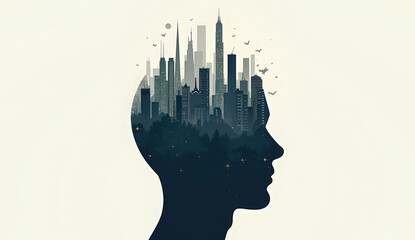 A side silhouette of a human head composed of layered city skylines, from ancient temples at the base, industrial revolution smokestacks, modern skyscrapers, to futuristic floating cities at the top. 