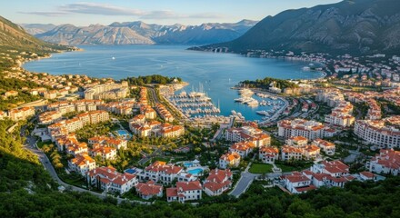 Naklejka premium Picturesque coastal city with luxury apartments and a vibrant marina view