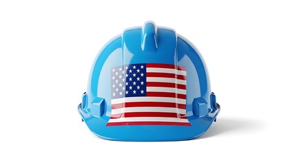 Blue construction helmet featuring the American flag, symbolizing construction and patriotism