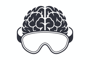 Brain Wearing VR Goggles Icon, Mental Health Symbol on White Background