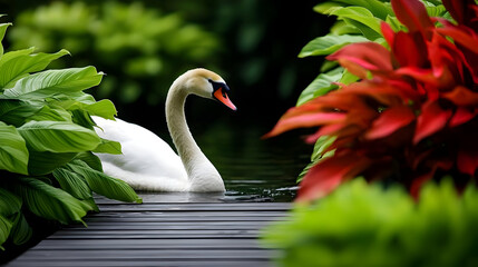 Fototapeta premium Elegant White Swan On Water With Lush Plants