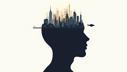 A side silhouette of a human head composed of layered city skylines, from ancient temples at the base, industrial revolution smokestacks, modern skyscrapers, to futuristic floating cities at the top. 