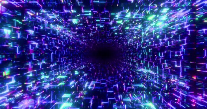 Futuristic glowing neon reflective waving cube background. Shining multicolor geometric lines inside corridor in perspective. Bright retro digital cyberspace. 4K 3D rendering loop animation.