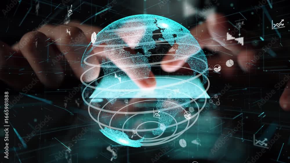 Poster vibrant digital representation of a globe showcasing a network of data visualization elements. ideal