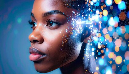 Futuristic Digital Identity & Biometric Scanning: Close-up of a Woman's Face with Projected Data, Representing Artificial Intelligence, Machine Learning, and the Fusion of Humanity with Technology.