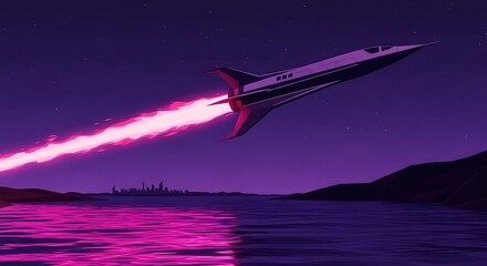 Obraz premium Rocket Launch at Night Over Water.