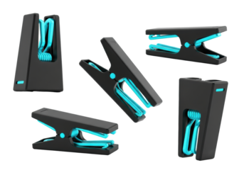 Five sleek matte black polymer clips with bright cyan titanium springs, minimalist design, against a transparent background with copy space, arranged dynamically. Concept of modern organizational