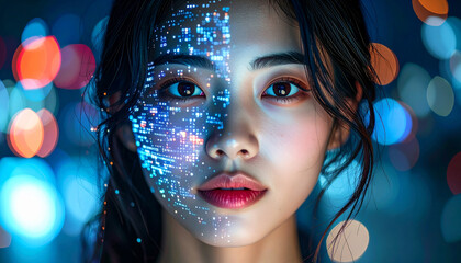 Futuristic Digital Identity & Biometric Scanning: Close-up of a Woman's Face with Projected Data, Representing Artificial Intelligence, Machine Learning, and the Fusion of Humanity with Technology.