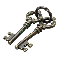 Ancient, darkened bronze keys & twisted iron ring, heavily patinated with verdigris, on a transparent background with copy space, soft studio light. Concept of ancient secrets