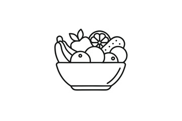 Fruit Bowl Outline Banana, Apple, Orange, Lemon in Bowl, Line Art, White Background
