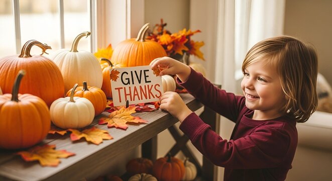 Adorable Young Child Holding a 'Give Thanks' Sign Amidst a Festi