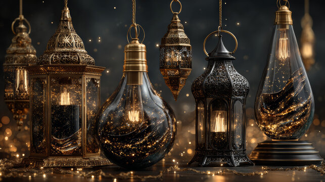 Web banner with glowing lamps for Black friday. Vector illustration with shining lights in vintage style. Retro gold background of dust explosion for seasonal sale. - Powered by Adobe