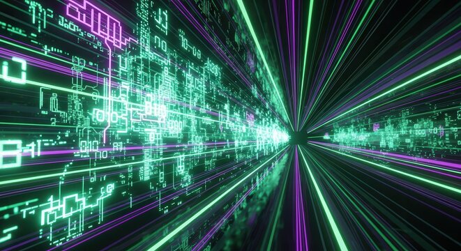 Abstract digital landscape with circuit board elements and streaming lines