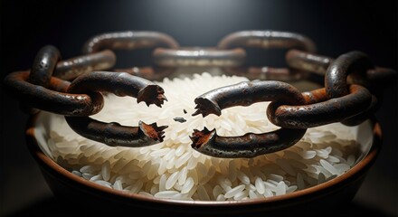 A broken chain on a bowl of rice symbolizing freedom from hunger and poverty