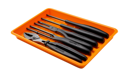 a plastic tool set with an orange tray, including pliers and hammers, is displayed on a white background. the tools have black handles, and each one has its own label. this simple yet functional desig