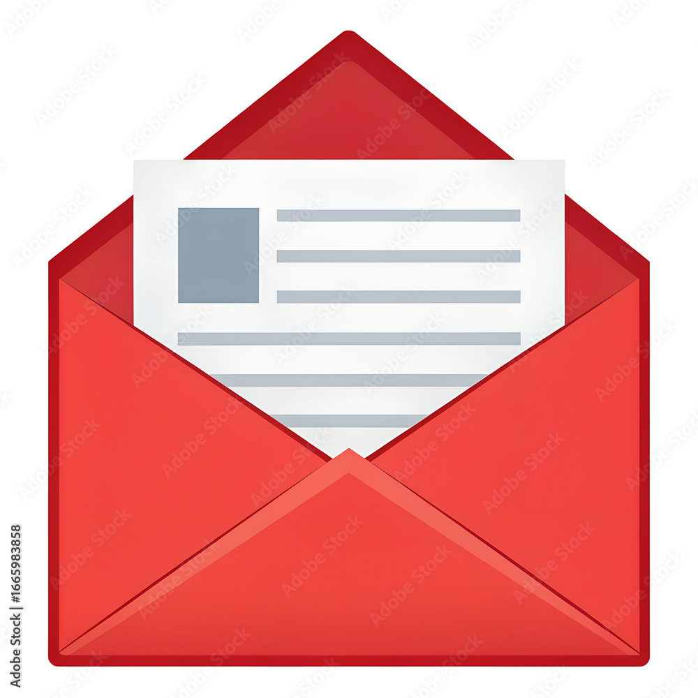 Poster red open envelope with a letter inside isolated on transparent background