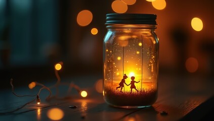 A transparent mason jar glowing softly in the dark, containing tiny, intricate dioramas of nostalgic moments—childhood swing, ocean sunset, first love—floating like fireflies. Cinematic depth of field