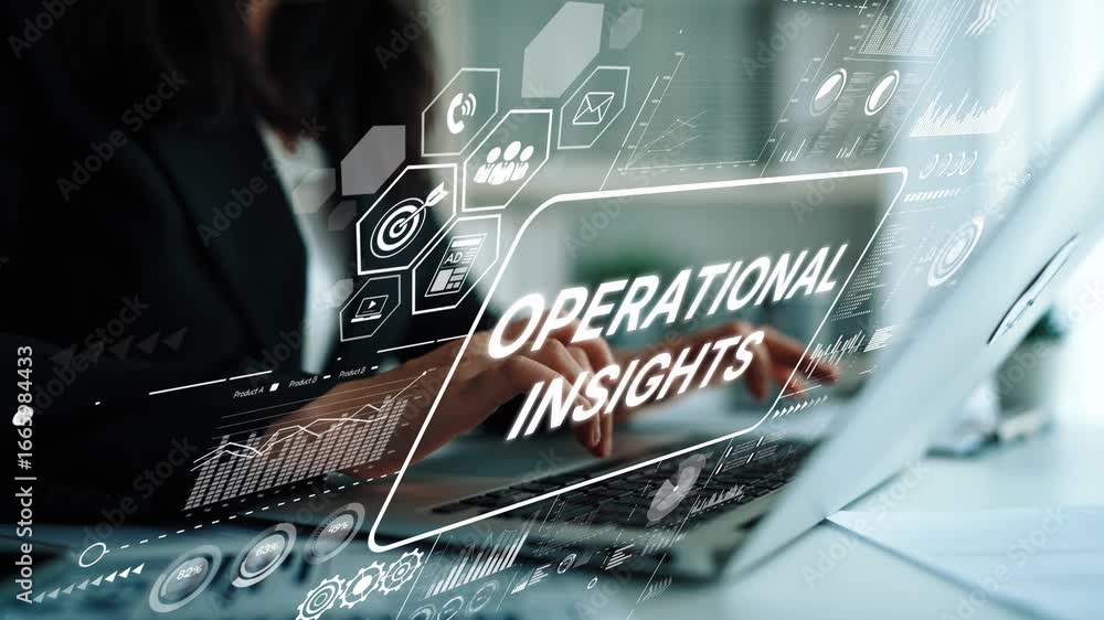Poster business professional analyzing data with laptop and operational insights graphics in modern office 