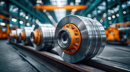 Industrial metal wheels are aligned on a rail within a manufacturing factory.