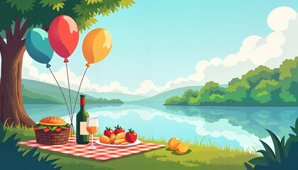 Picnic basket with food and balloons by serene lake