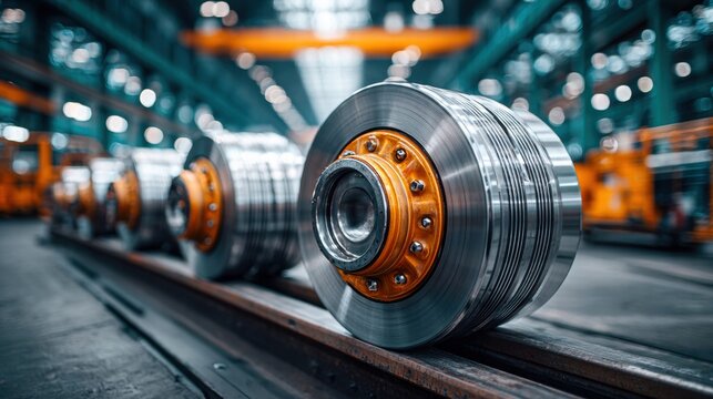 Industrial metal wheels are aligned on a rail within a manufacturing factory.