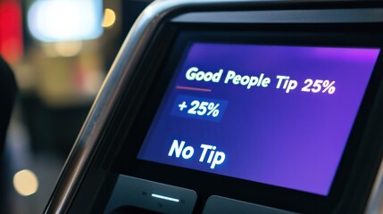 Payment terminal close-up Good People Tip 25% text oversized buttons tiny dull No Tip humorous guilt-tripping dark pattern design.