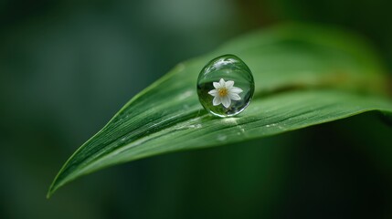 Dewdrop on blade reflects delicate flower, with soft-focus greenery in the background